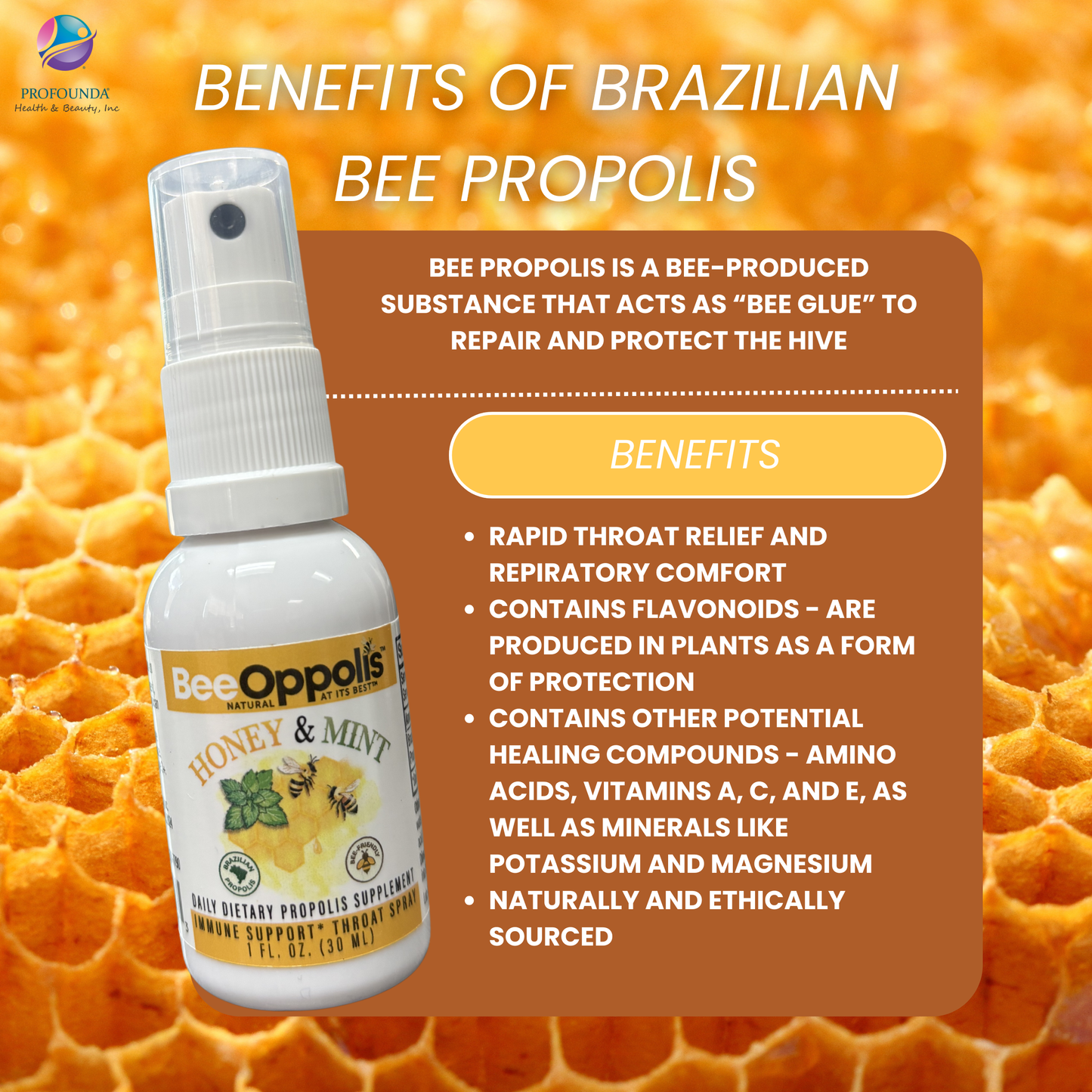 Beeoppolis Natural Immune Support Throat Spray - Propolis - Honey - Mint - 1.0 oz