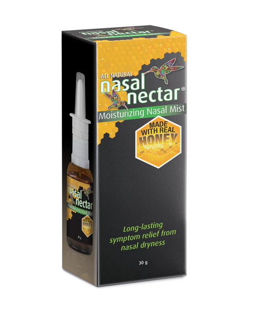 Packaging for Nasal Nectar nasal moisturizer with real honey, indicating it relieves nasal dryness and has a long-lasting effect.