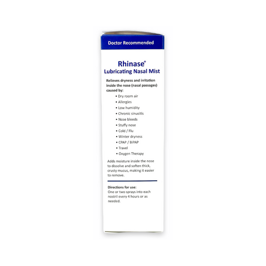 Rhinase Lubricating Nasal Mist side panel listing relief and causes of dryness and irritation