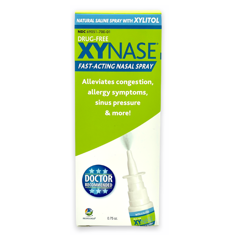 Xynase nasal spray with xylitol in 0.75 fl oz bottle, natural saline moisturizer relief