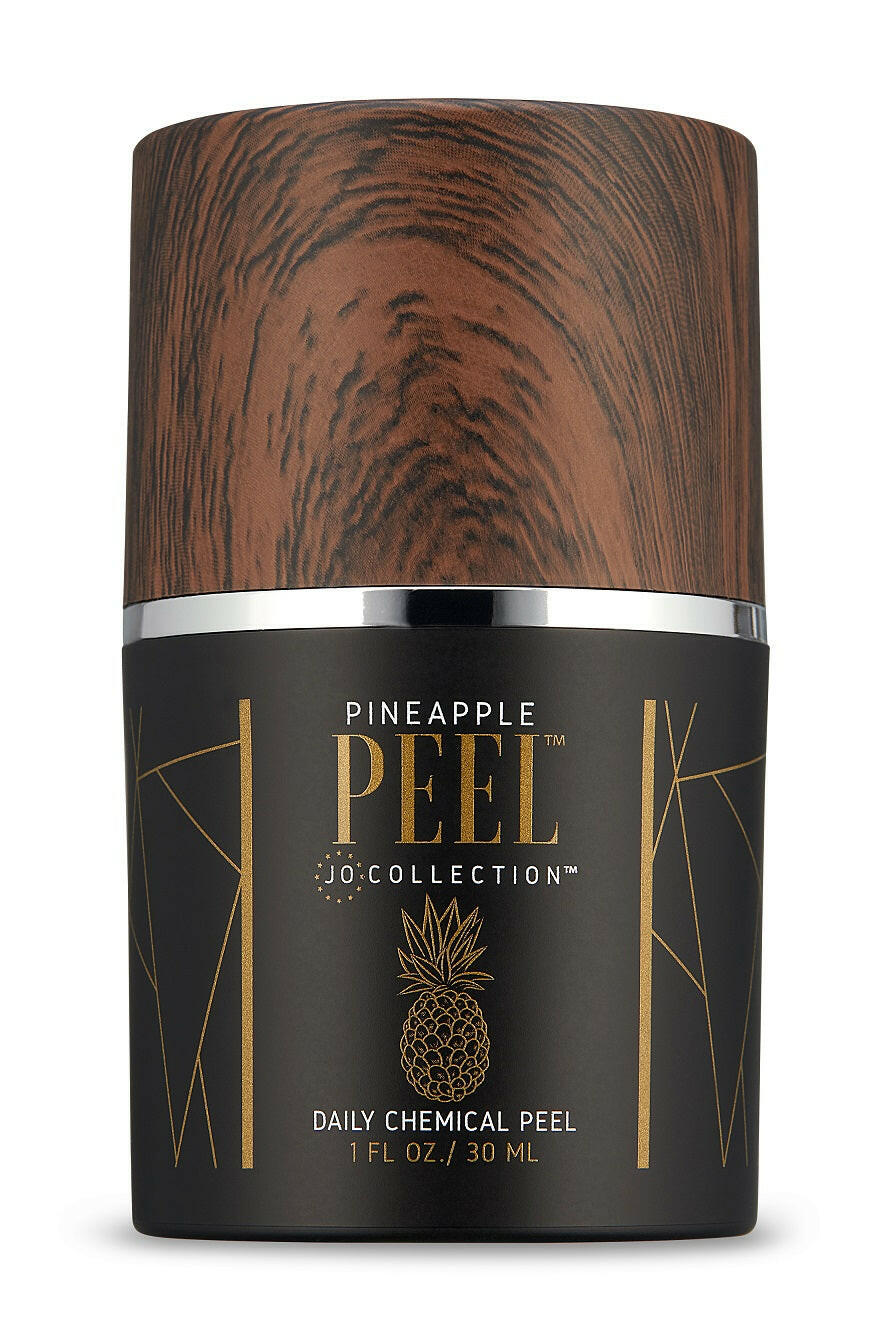 Pineapple Peel Daily Chemical Peel container with wooden texture and black label on a white background