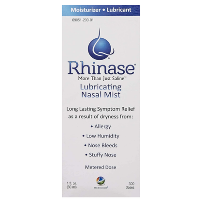 Rhinase Lubricating Nasal Mist - Aloe & Fragrance-Free Saline Solution for Dry Nose, Allergy Relief, and Nosebleed Prevention