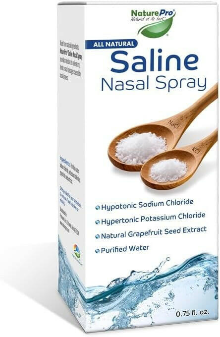 NaturePro All Natural Saline Nasal Spray box with wooden spoons on a white background