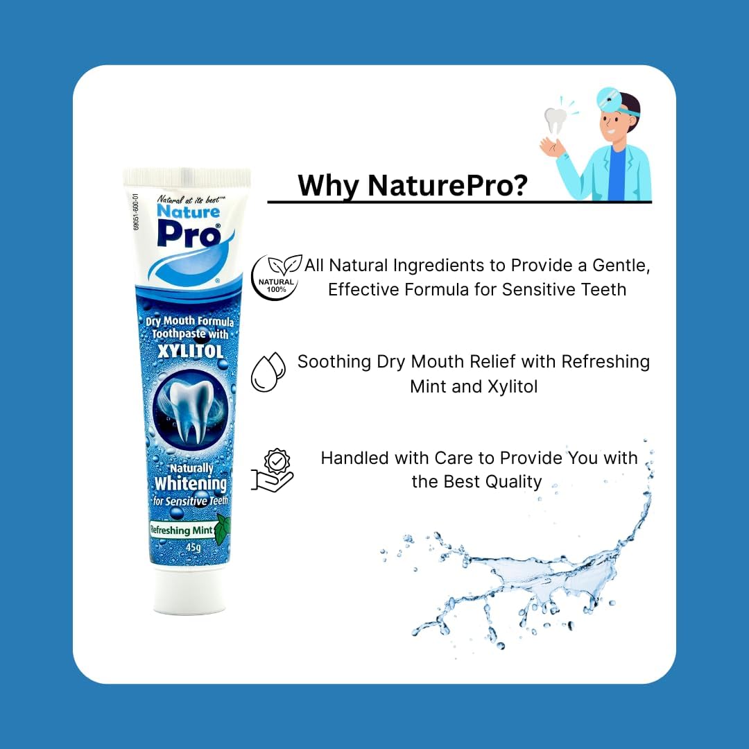 NaturePro toothpaste tube with promotional text on a blue background