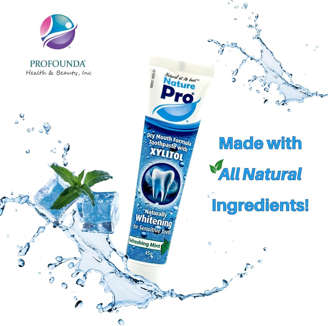 Nature Pro toothpaste tube with mint leaves and water splashes on a white background, featuring ProFounda Health & Beauty, Inc. branding.
