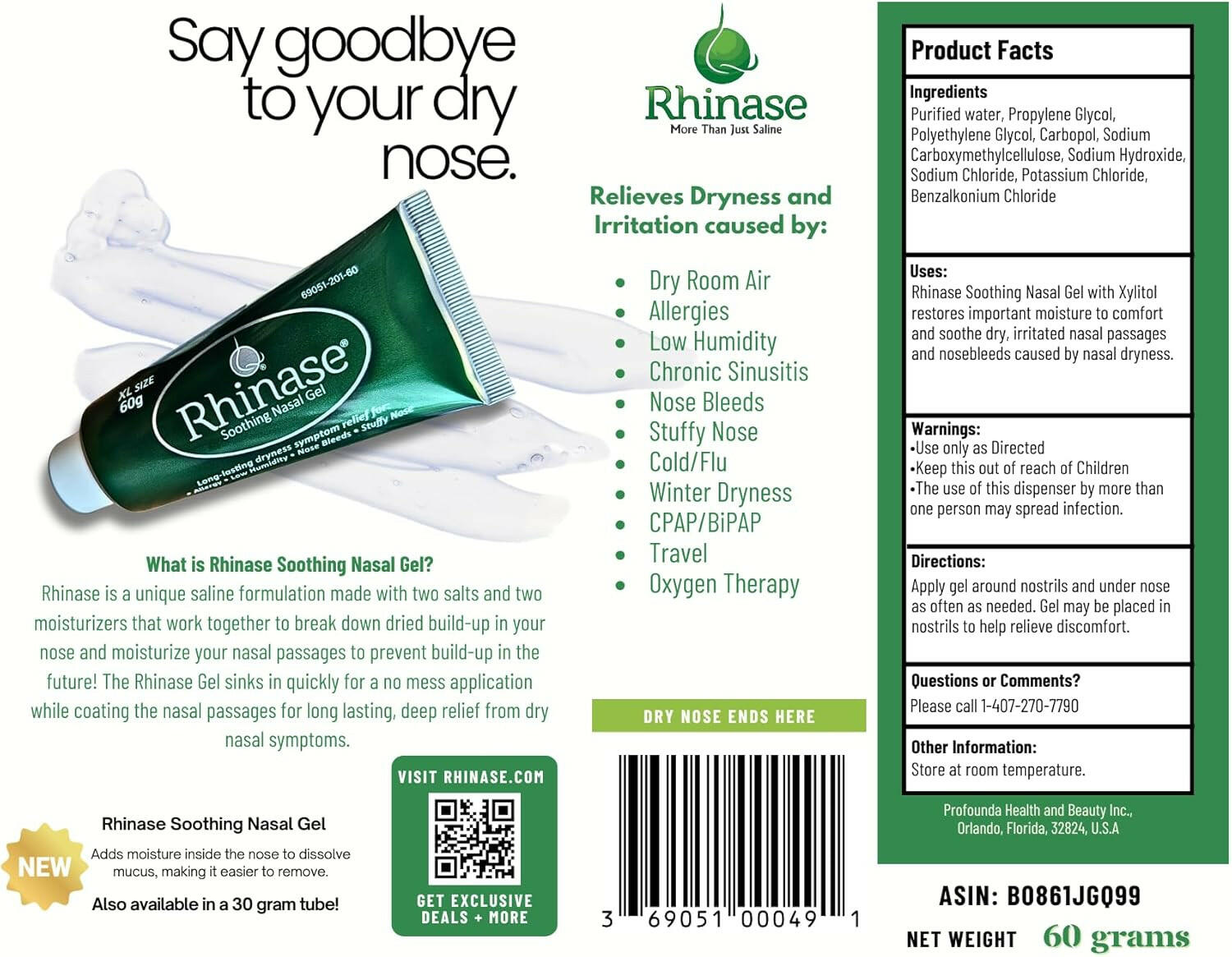 Rhinase Allergy Relief Lubricating Nasal Gel – Dual Salt, Steroid-Free Formula for Moisture & Comfort | Ideal for Swimmers and CPAP or oxygen therapy users | Safe for Children | 60 g