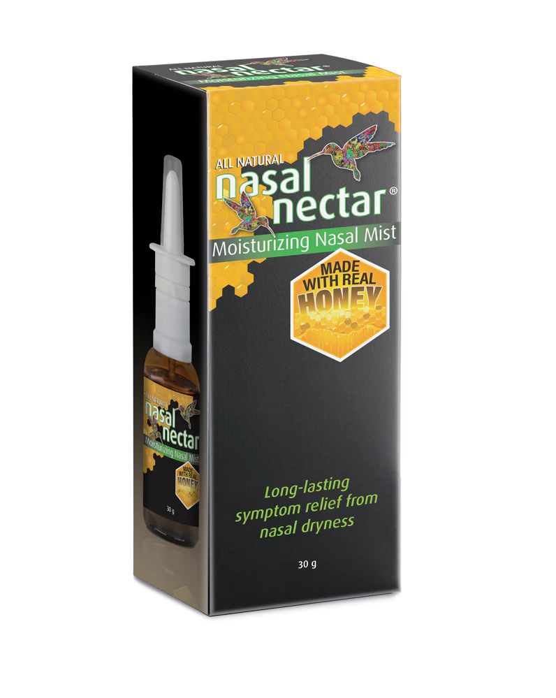 Packaging for Nasal Nectar nasal moisturizer with real honey, indicating it relieves nasal dryness and has a long-lasting effect.