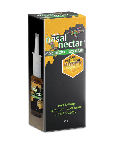 Packaging for Nasal Nectar nasal moisturizer with real honey, indicating it relieves nasal dryness and has a long-lasting effect.