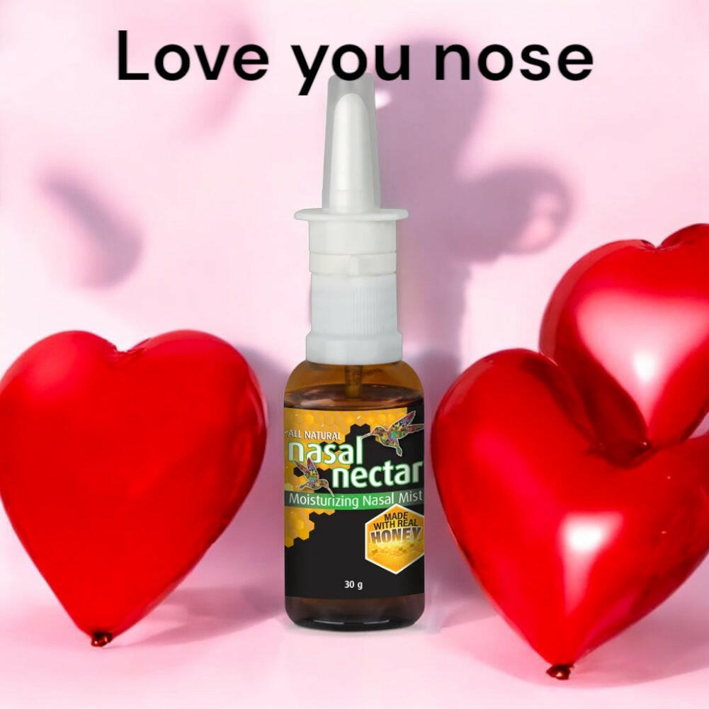 Bottle of nasal spray with red heart balloons and 'Love you nose' text on a pink background