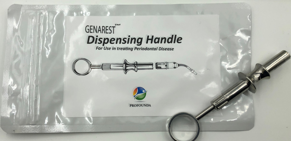 A Genarest brand dental handle for dispensing microspheres, packaged in a sealed plastic bag with a clear window displaying the product.