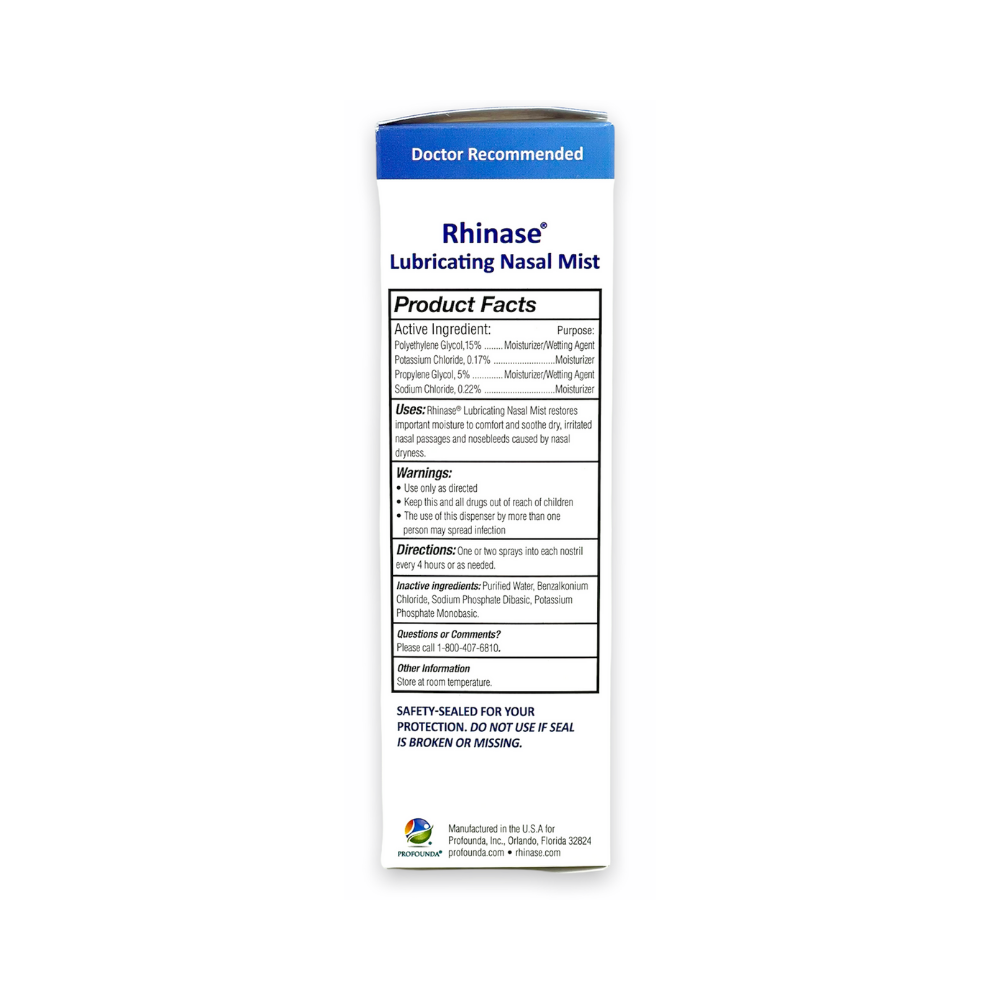 Niebla nasal lubricante Rhinase - Solución salina sin aloe y fragancia para nariz seca, alivio de alergias y prevención de hemorragias nasales
