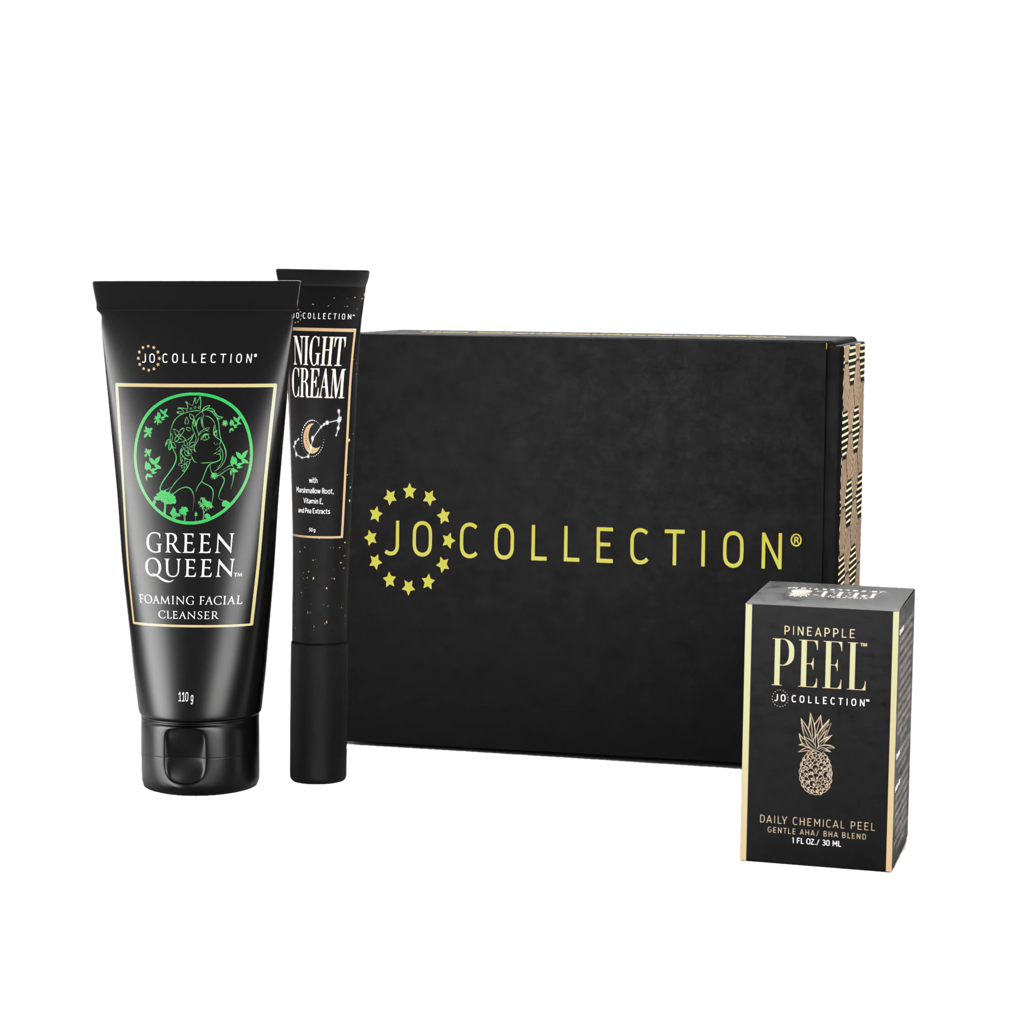 A collection of skincare products from Jo Collection, including a facial cleanser, night cream, and pineapple peel product, packaged in a black box.