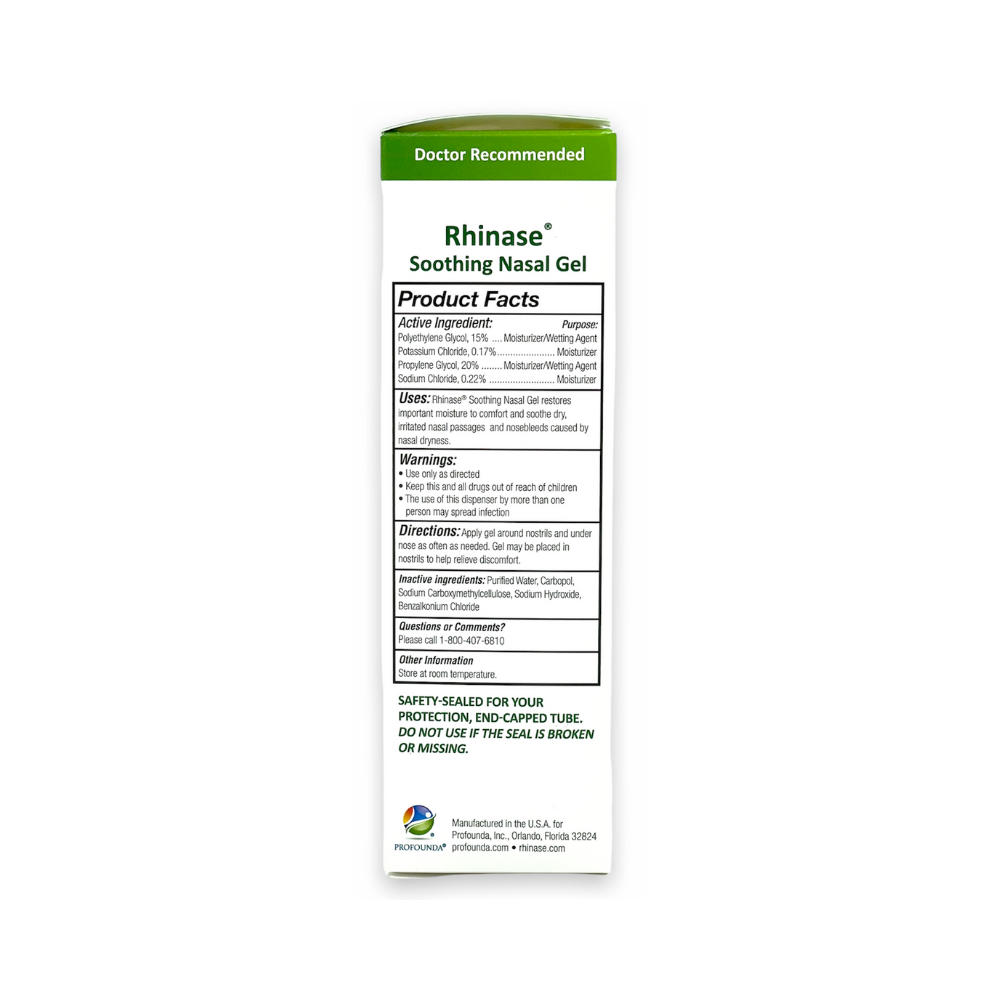 Rhinase Allergy Relief Lubricating Nasal Gel – Dual Salt, Steroid-Free Formula for Moisture & Comfort | Ideal for Swimmers and CPAP or oxygen therapy users | Safe for Children | 1 oz Side view product Facts