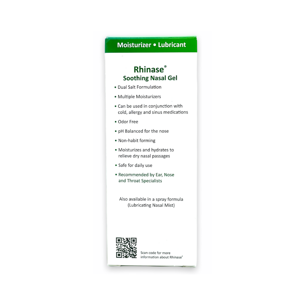 Rhinase Allergy Relief Lubricating Nasal Gel – Dual Salt, Steroid-Free Formula for Moisture & Comfort | Ideal for Swimmers and CPAP or oxygen therapy users | Safe for Children | 1 oz Box Back view
