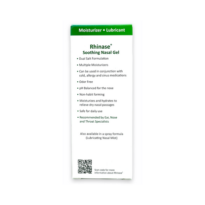 Rhinase Allergy Relief Lubricating Nasal Gel – Dual Salt, Steroid-Free Formula for Moisture & Comfort | Ideal for Swimmers and CPAP or oxygen therapy users | Safe for Children | 1 oz Box Back view