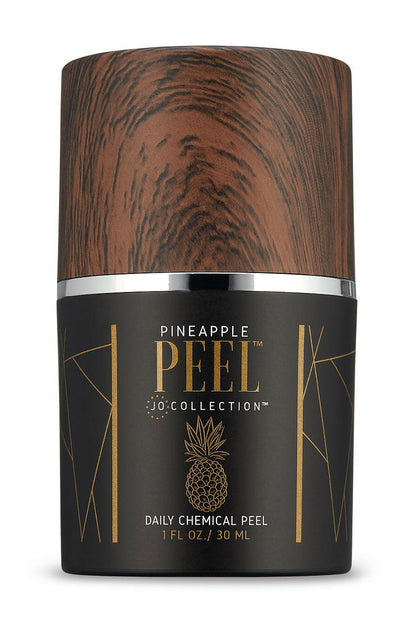 Pineapple Peel Daily Chemical Peel container with wooden texture and black label on a white background