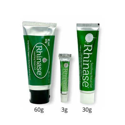 Different sizes of the Rhinase Allergy Relief Lubricating Nasal Gel – Dual Salt, Steroid-Free Formula for Moisture & Comfort | Ideal for Swimmers and CPAP or oxygen therapy users 60g, 3g and 30g
