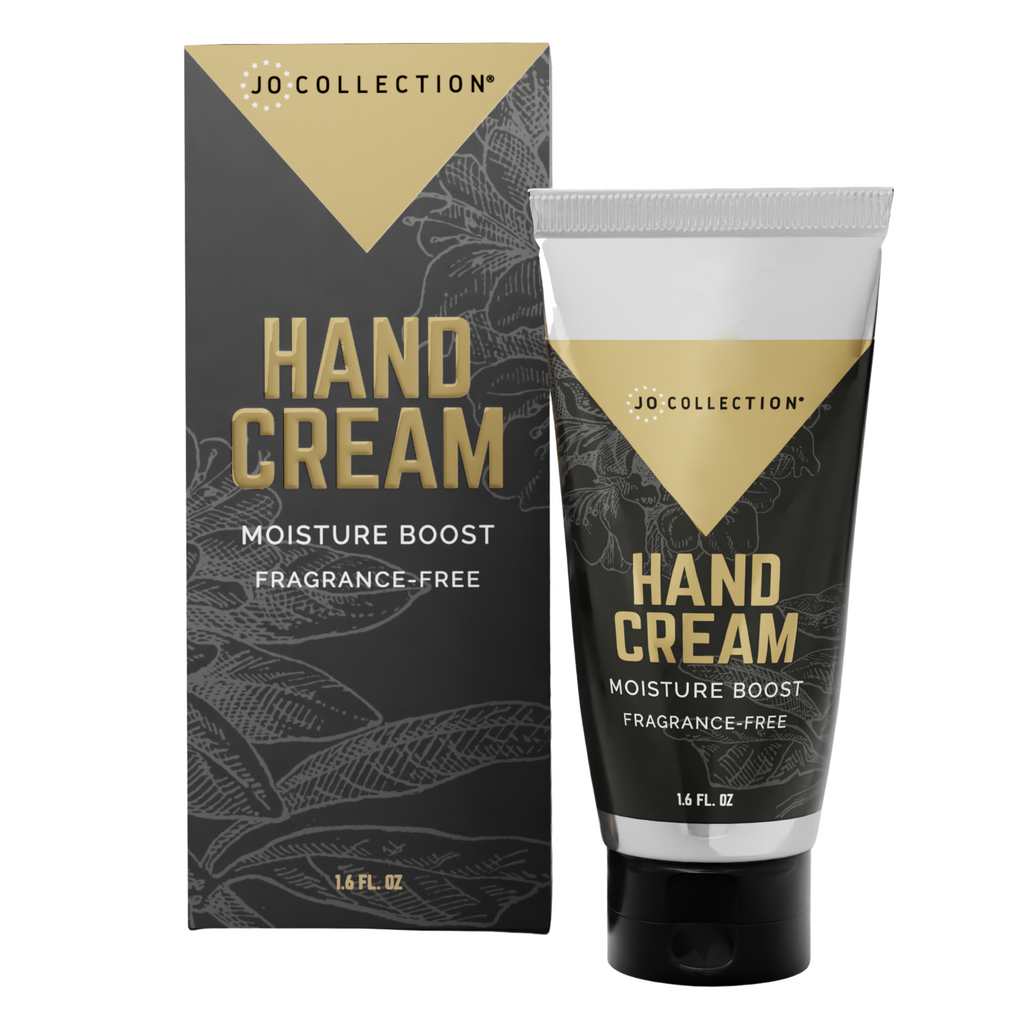 Tube and packaging of JO COLLECTION hand cream with the label 'Moisture Boost' and 'Fragrance-Free'.